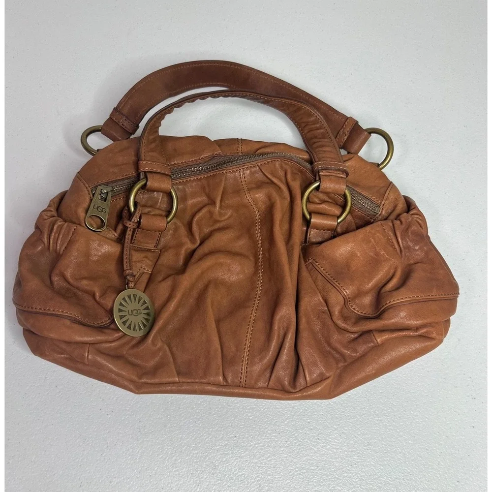 Ugg Australia Leather Hobo Shoulder Handbag Scrunchy Slouchy Cognac Brown